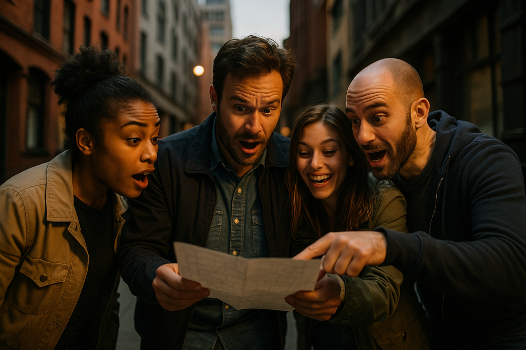Exciting urban cash hunt riddle-solving team